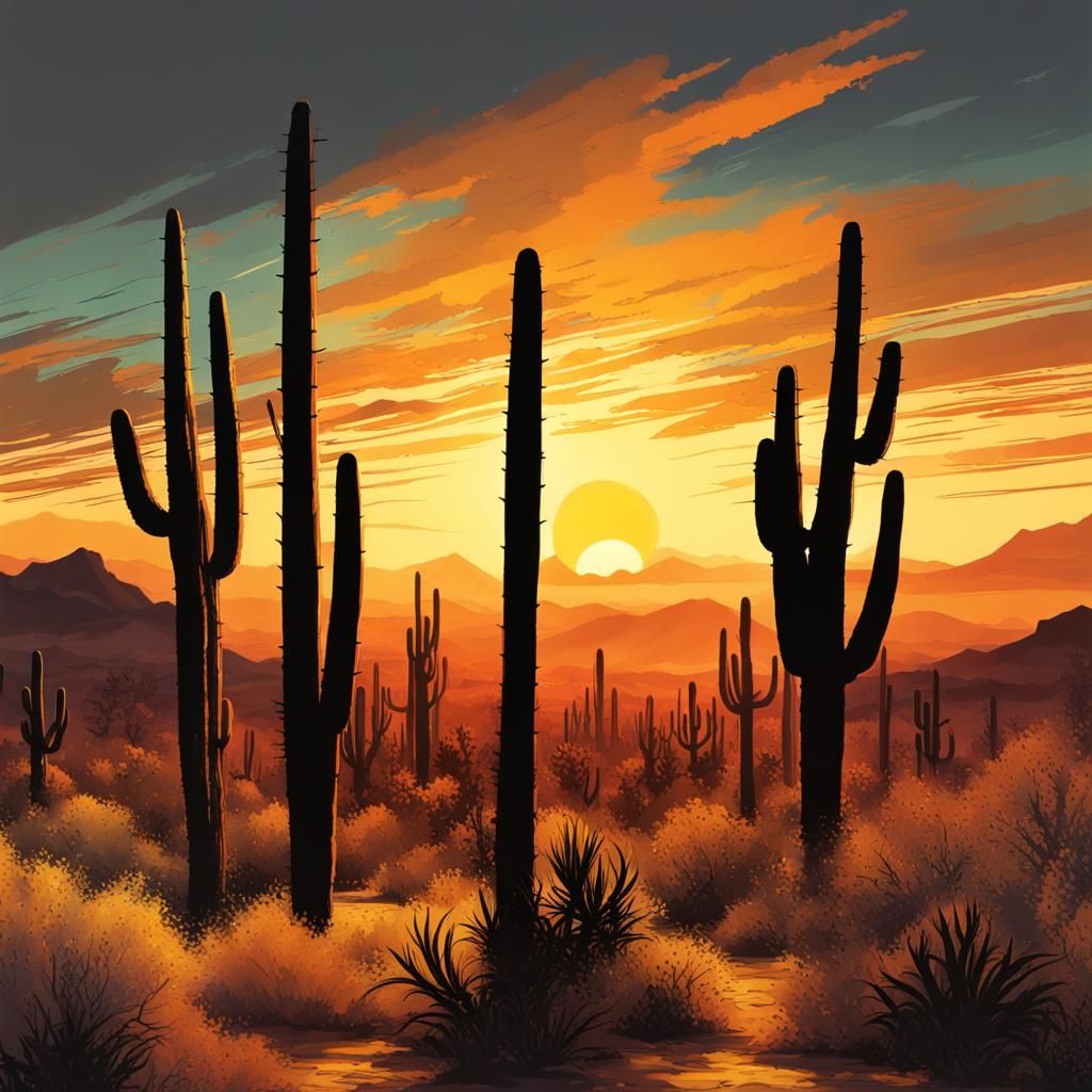 Saguaro Silhouettes at Sunset: Hyperrealistic Splash Art