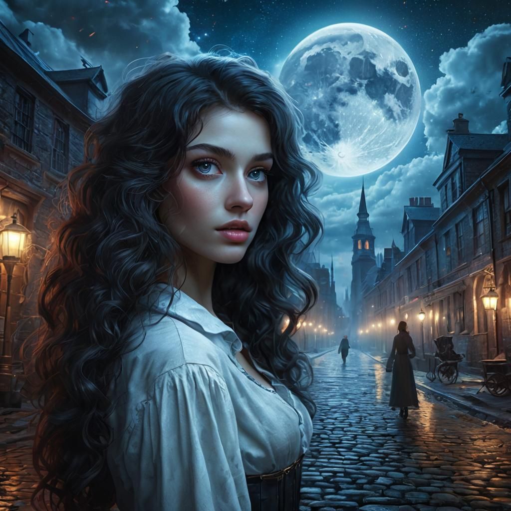 Young Woman in Moonlit City, Digital Matte Painting