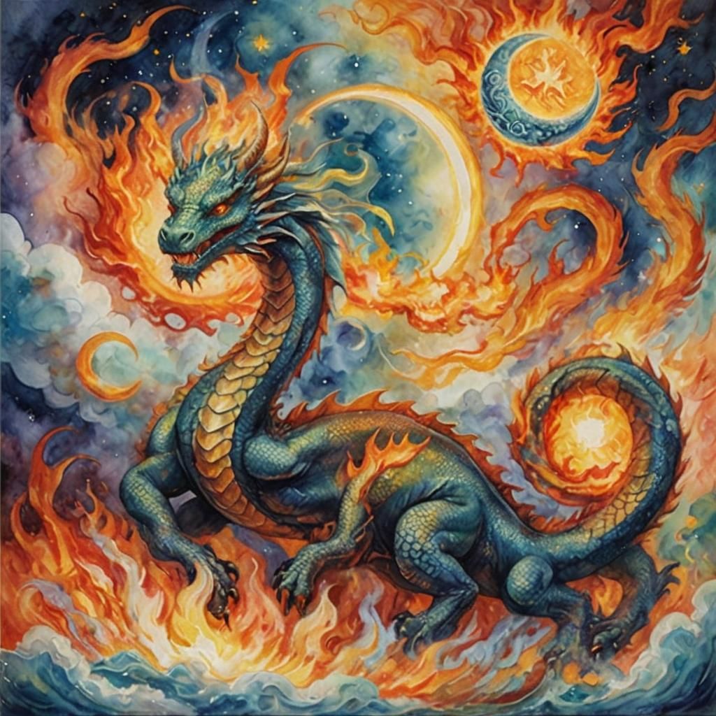 Human-Headed Dragon in Flame Sea: Surreal Watercolor