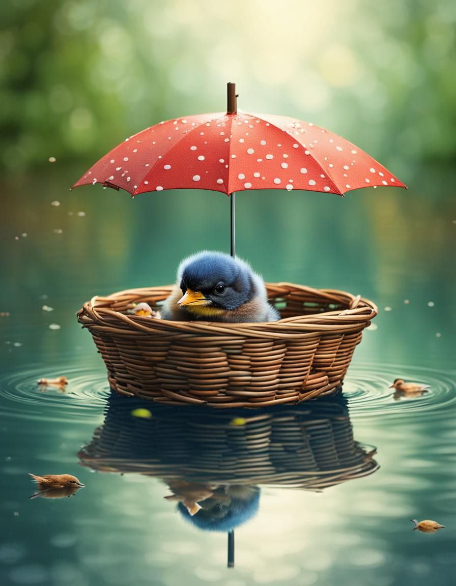 Baby Bird Floating on Lake Under Umbrella