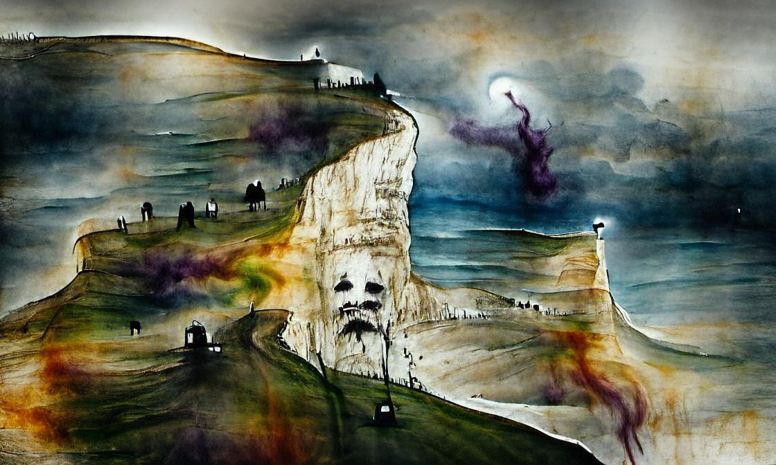Sinister Beachy Head Watercolor with Lost Souls