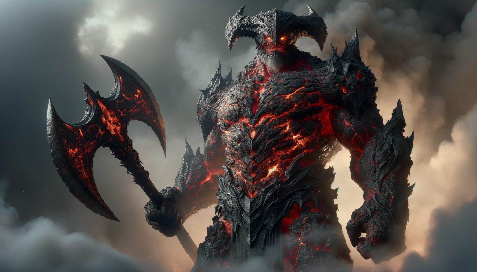 Glowing Lava Devil: Towering, Onyx-Armored, Battleaxe-Wieldi...