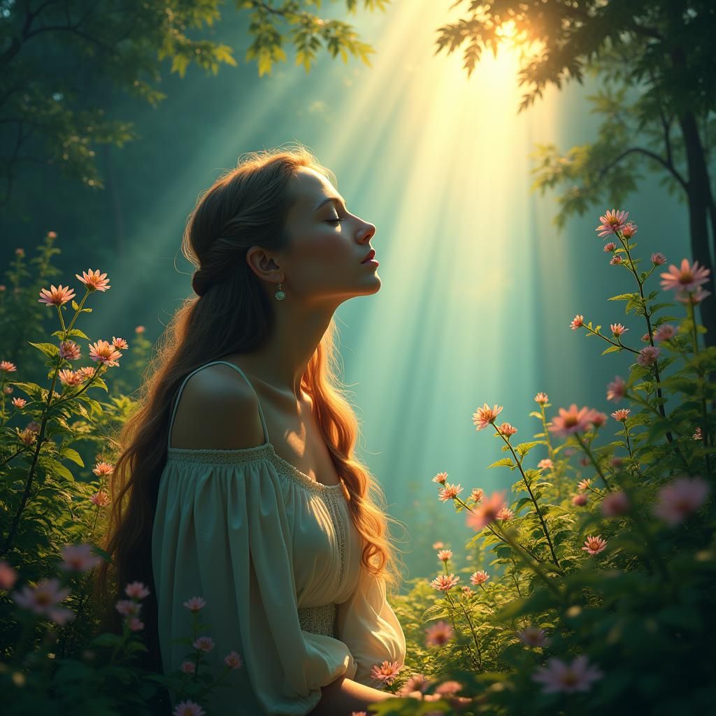 Ethereal Contemplation: Heaven's Spotlight on Serene Figure