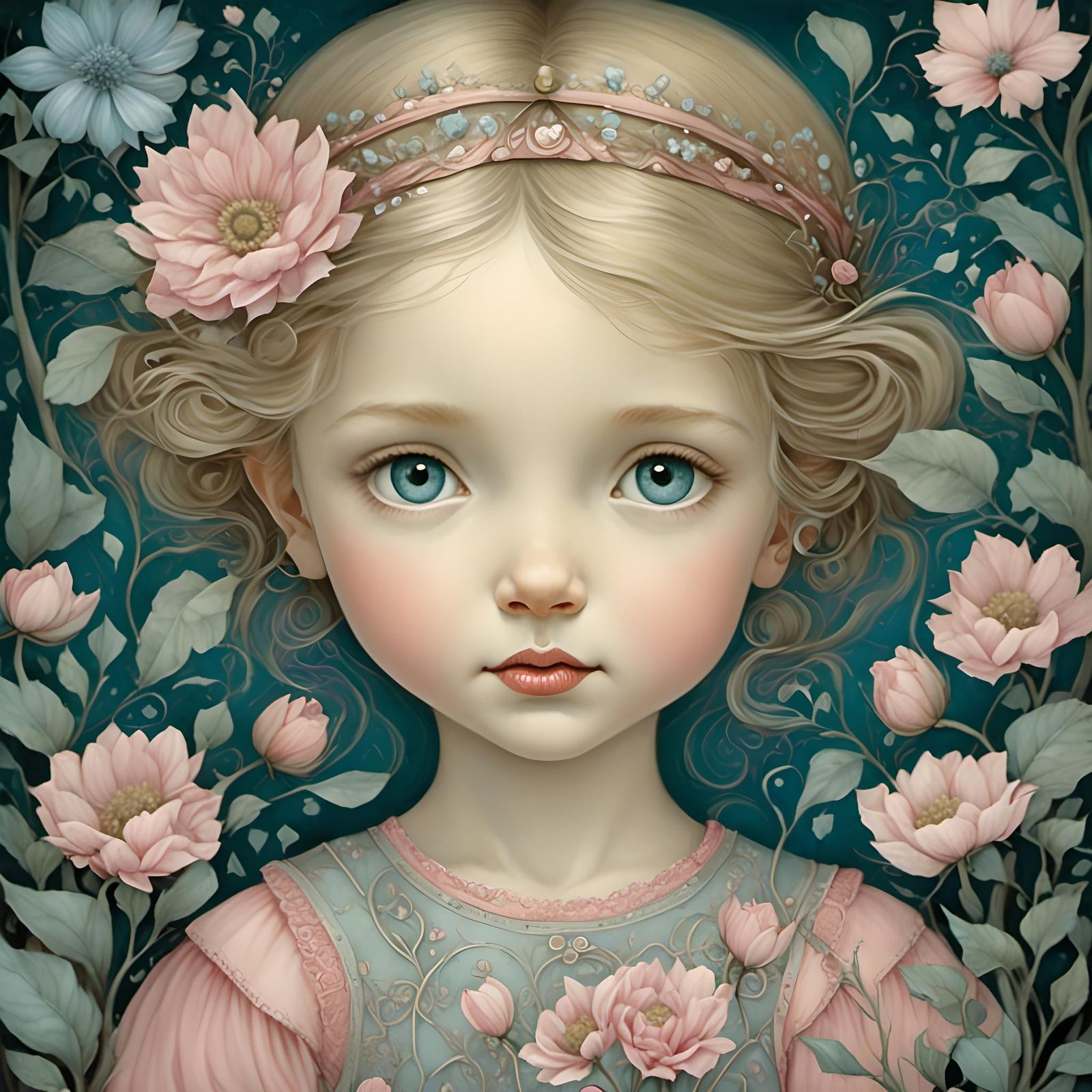 Girl with Blue Eyes in Pink, Detailed Portrait