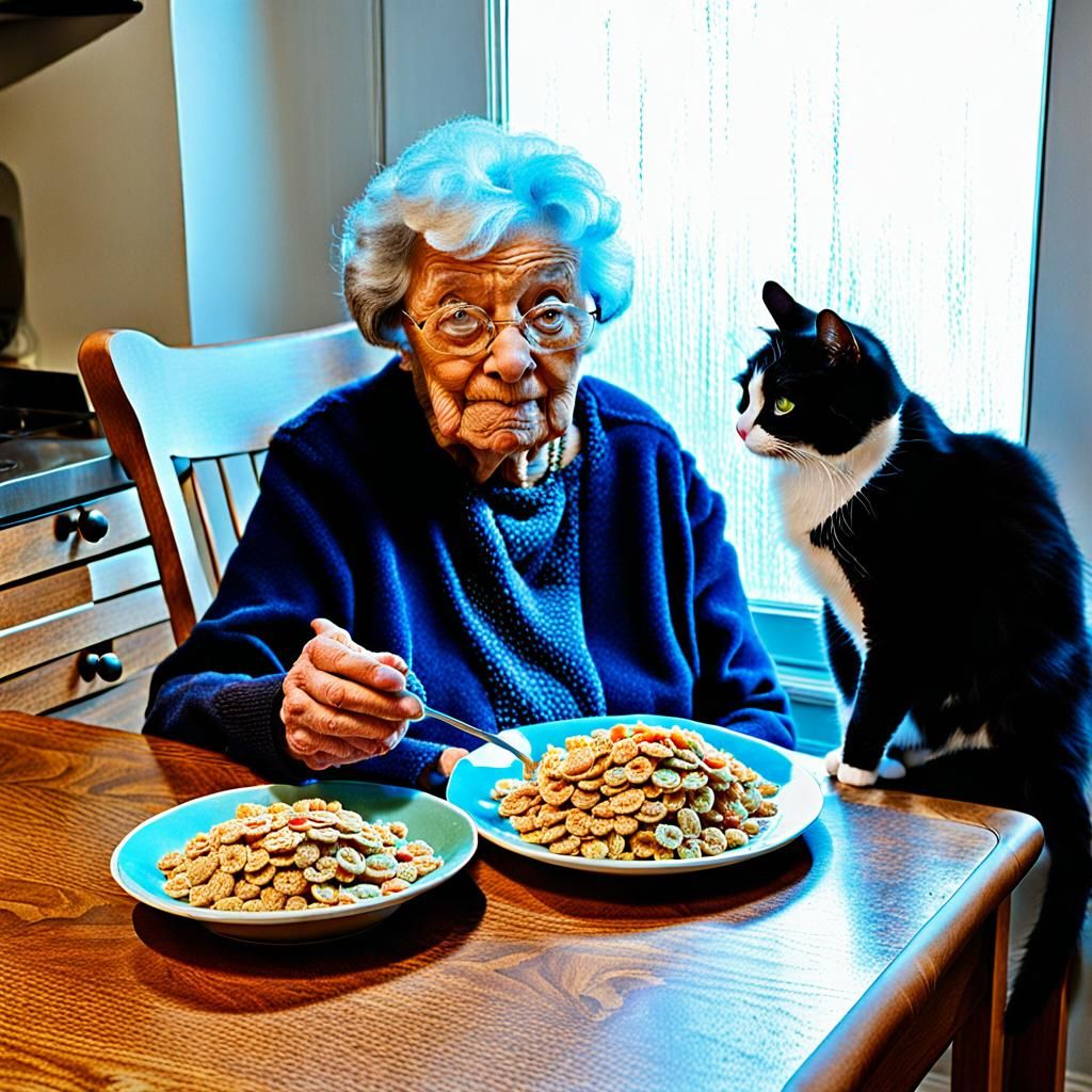 Grandma Shares Cereal with Cat