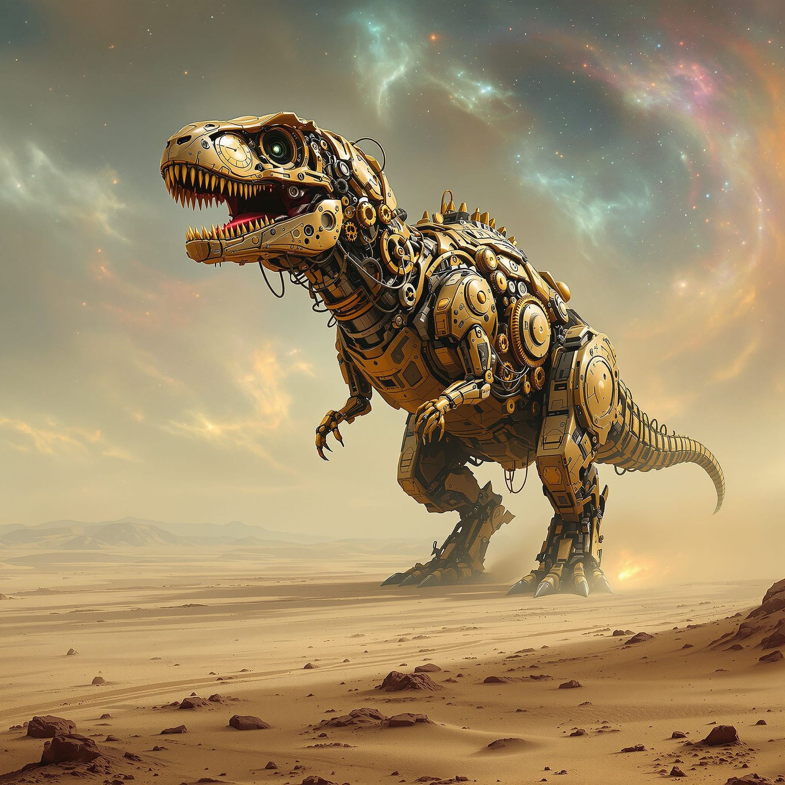 Clockwork T-Rex in Desert Under Cosmic Sky