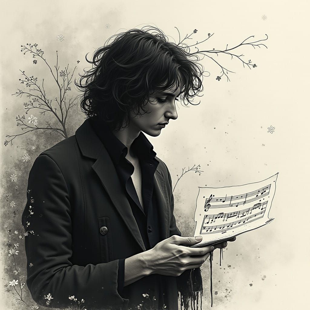 Ethereal Ink Drawing of a Melancholic Musician in Contemplat...