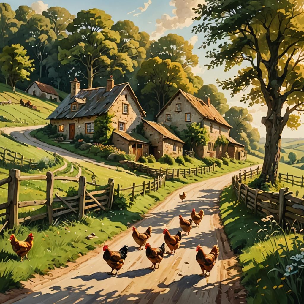 Idyllic Farmhouse Landscape with Chickens, Rustic Painting