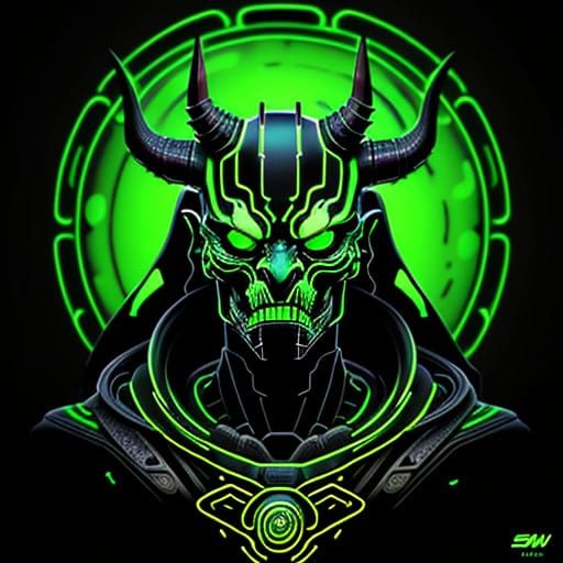 Cyberpunk Green Oni Mask with Biomechanical Patterns