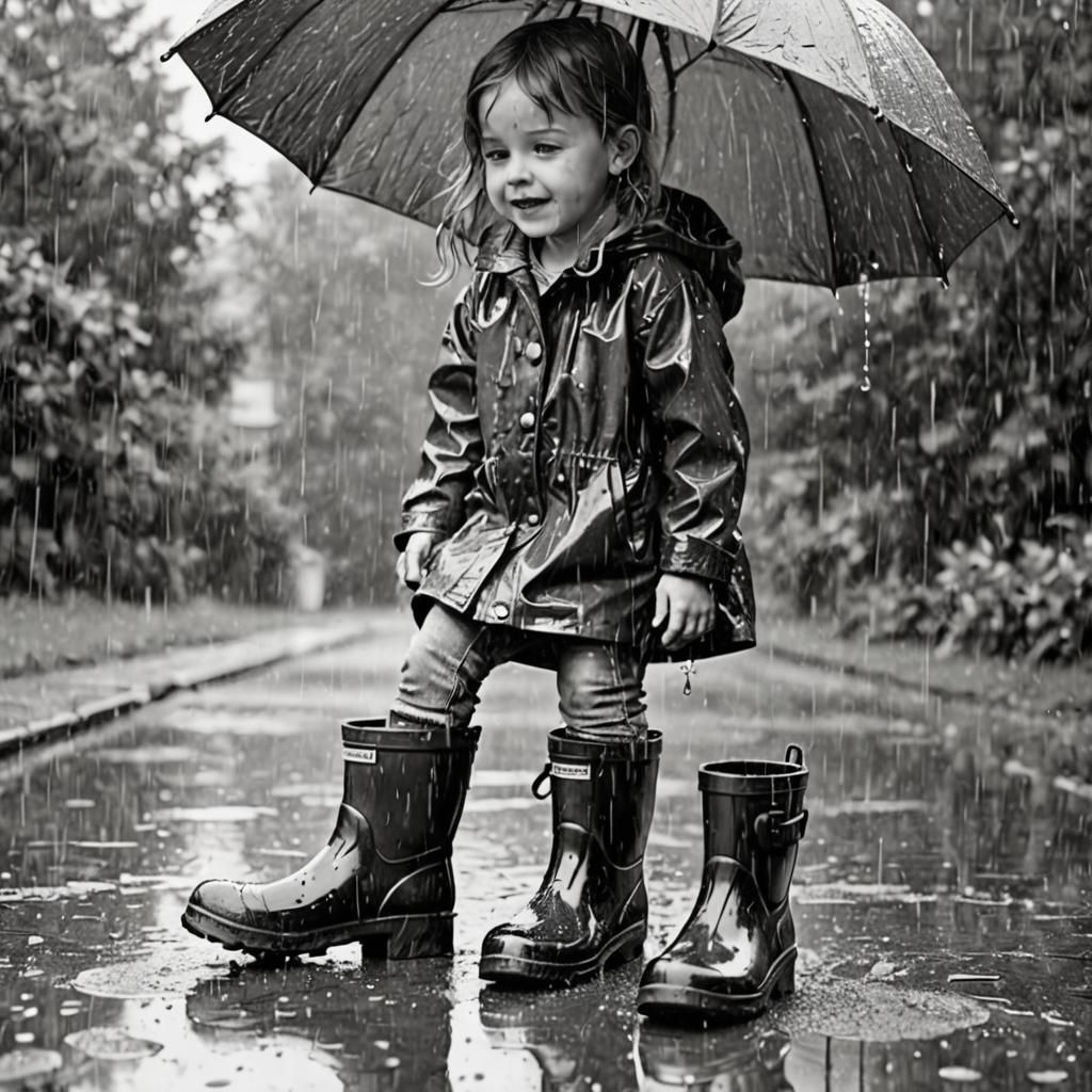 Child in Rain Boots: Black and White Drawing
