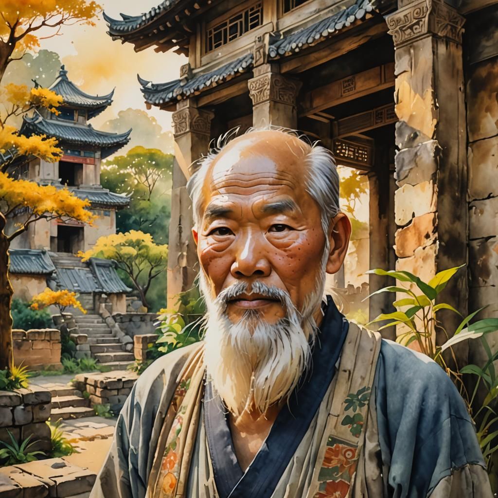 Wise Old Man in Ancient Asian Watercolor