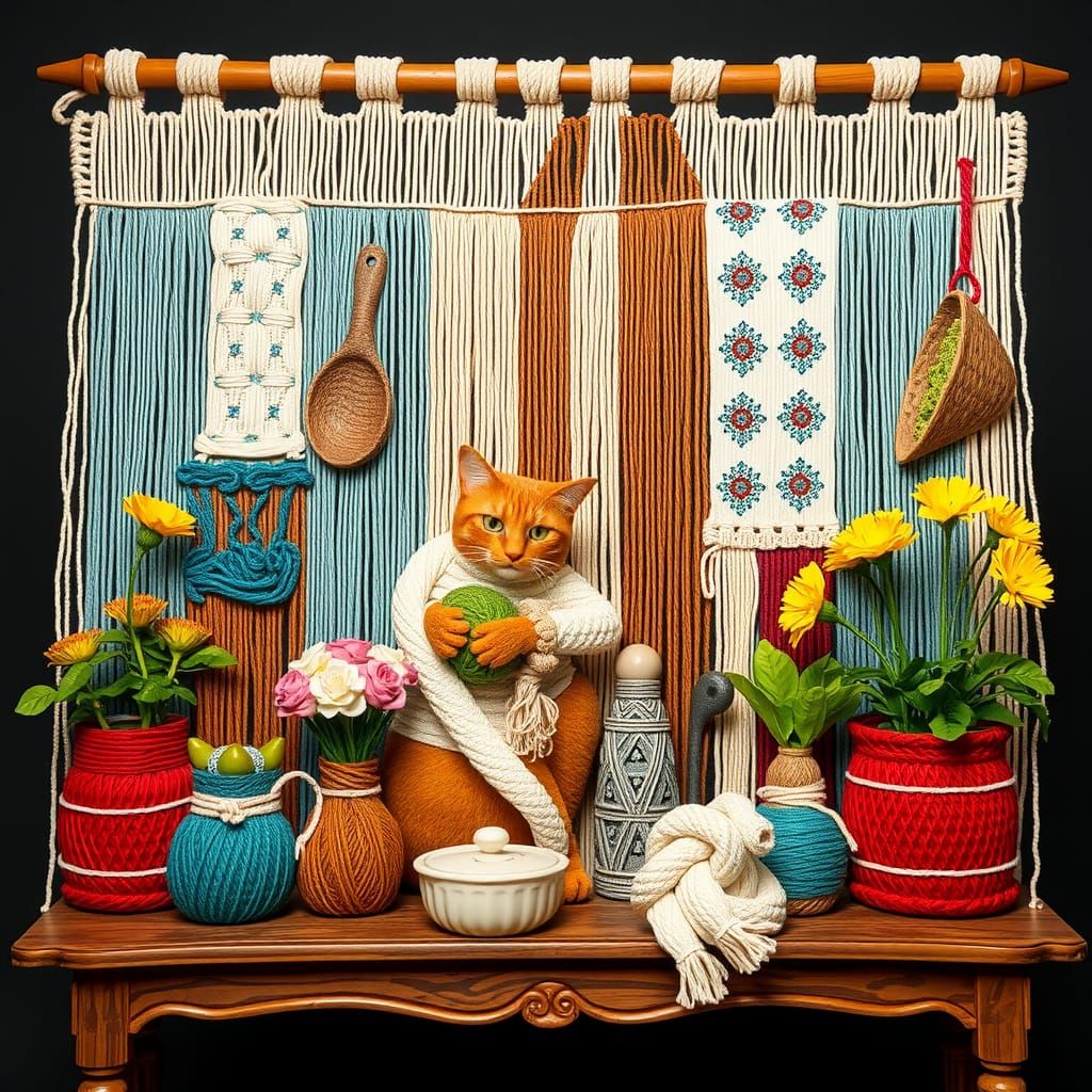 Country Kitchen Tapestry with Knitted Cat, Classical Style