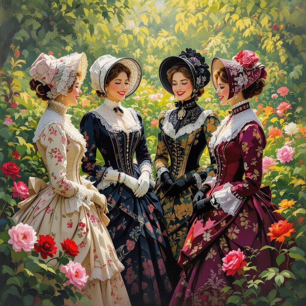 Victorian Women in Botanical Garden Painting