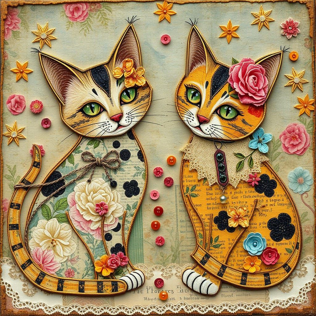 Whimsical Floral Cats in Vibrant Mixed Media