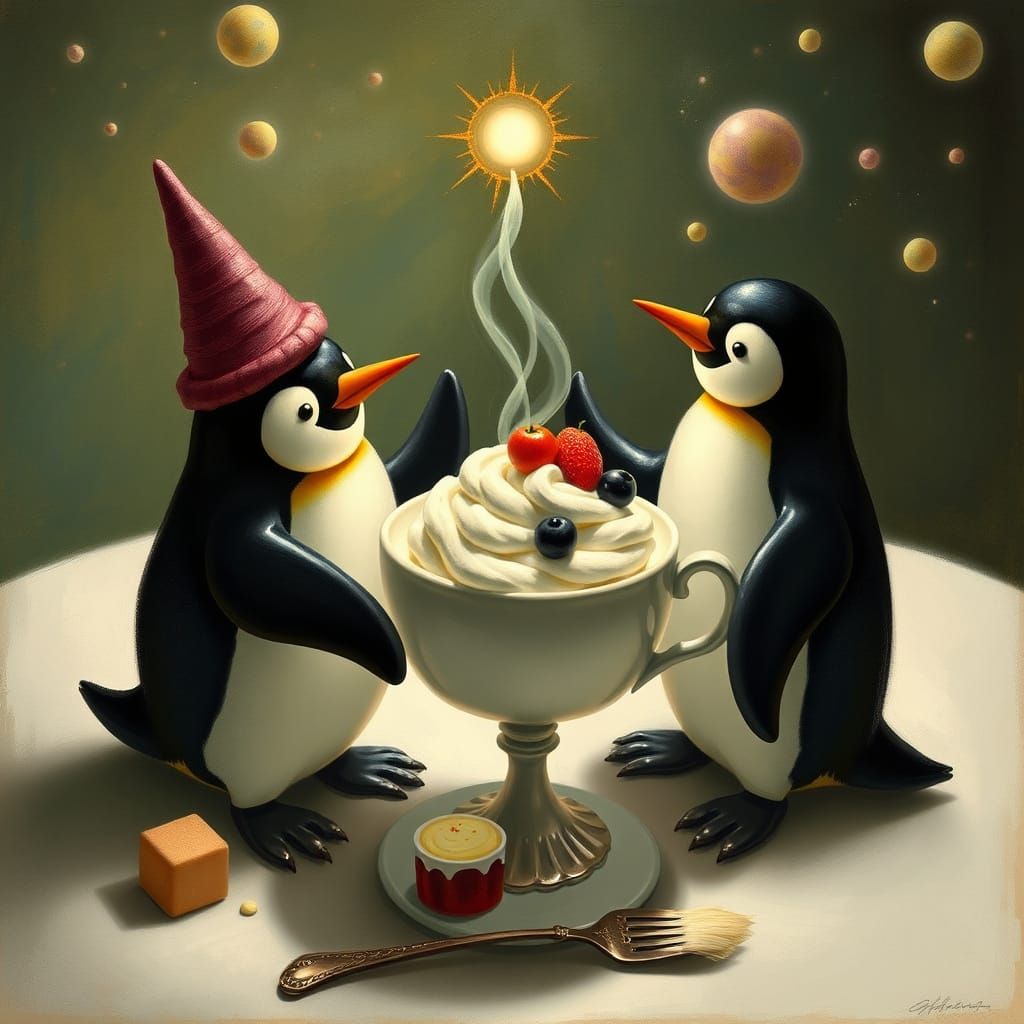 Magical Penguins Serving Enchanted Feasts