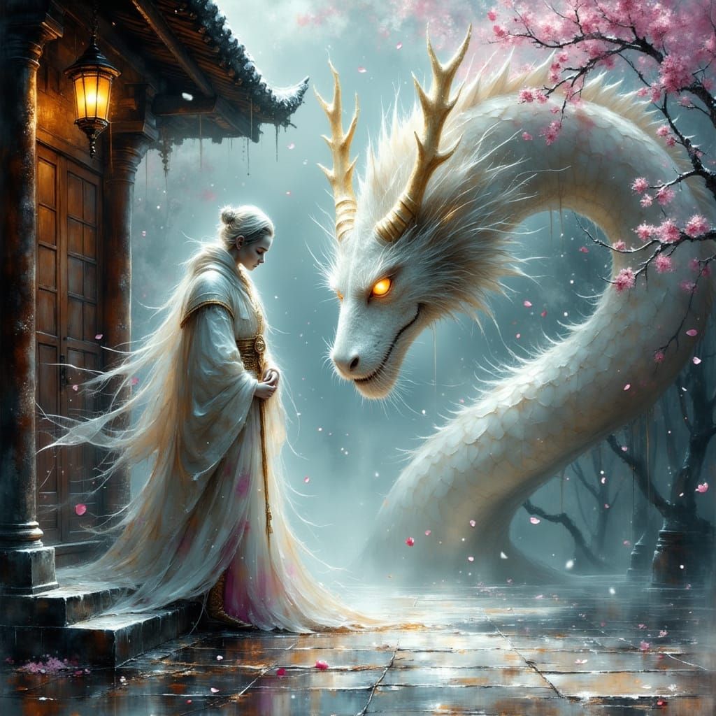Ghostly Samurai Kneels Before Majestic Dragon in Ethereal Co...
