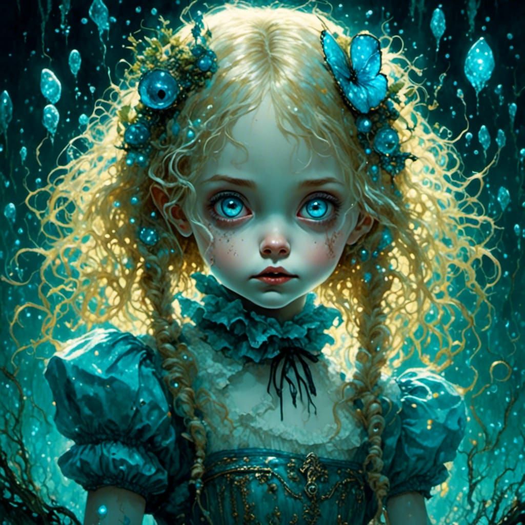 Bioluminescent Alice Touches Mirror Reflection in Dark Fanta...