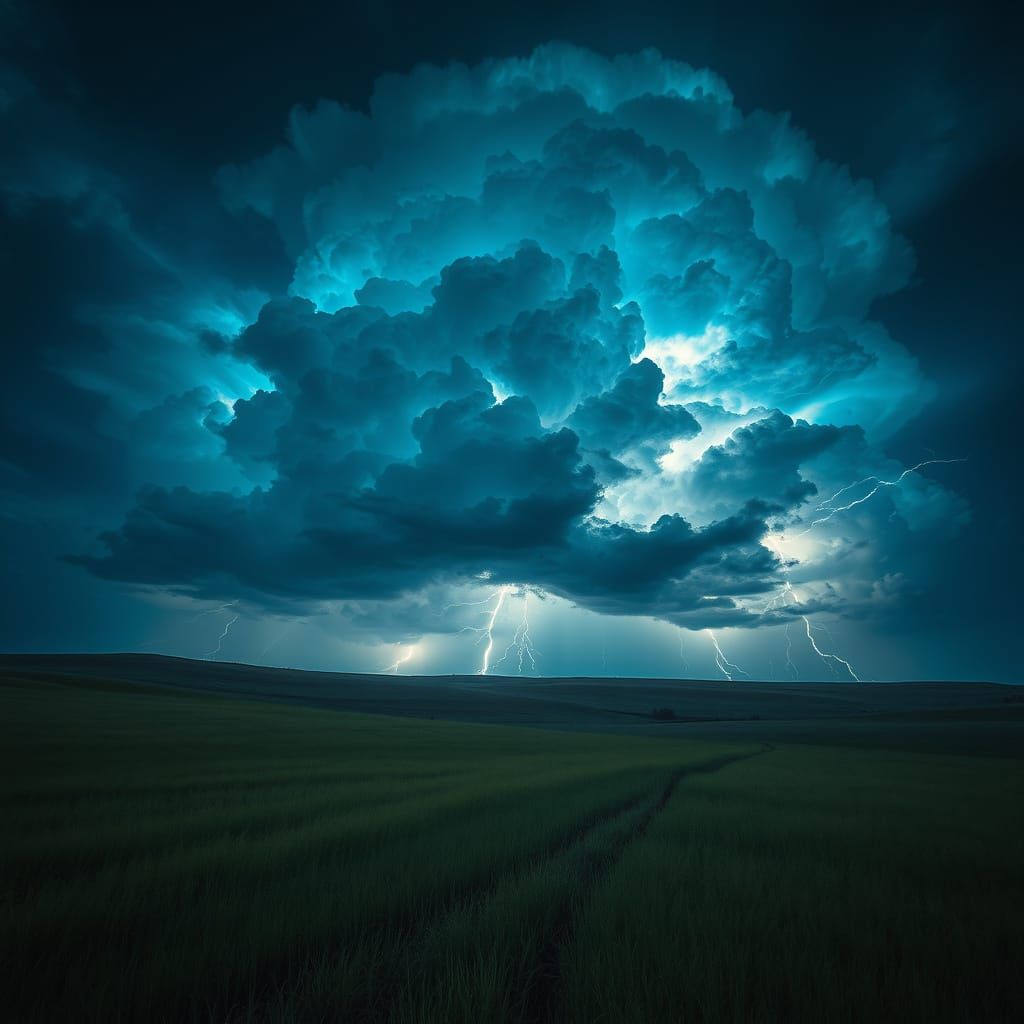 Electric Blue Storm Unfolds Over Rolling Hills