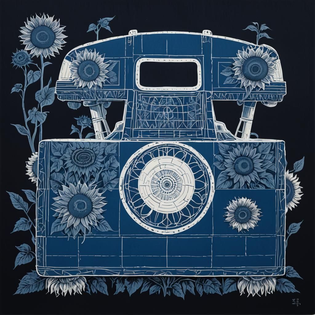 Linocut Print: Sunflowers, Spaceship, Checkered Capes