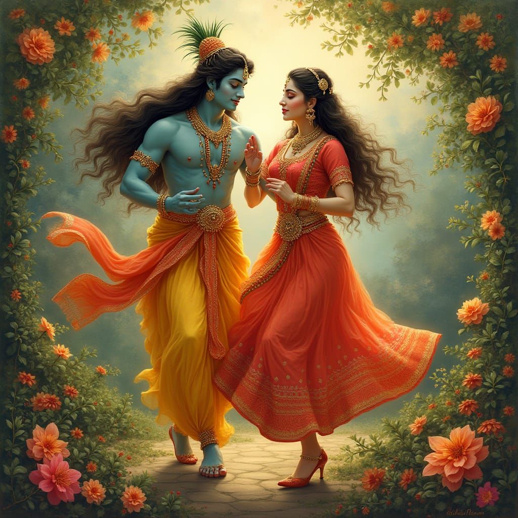 Elegant Indian Deities Dancing in Whirlwind of Devotion