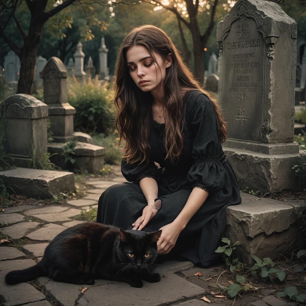 Gothic Realism: Woman with Black Cat in Cemetery