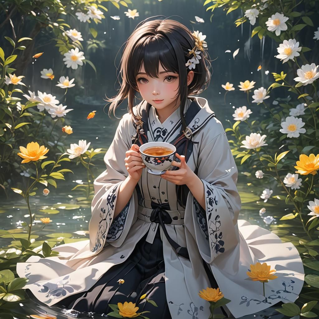 Floating Cup of Tea in 3D Anime Style