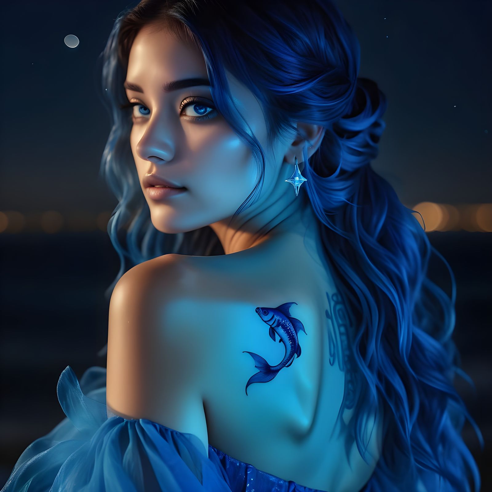 Sensual Pisces Tattoo in Ethereal Blue Light