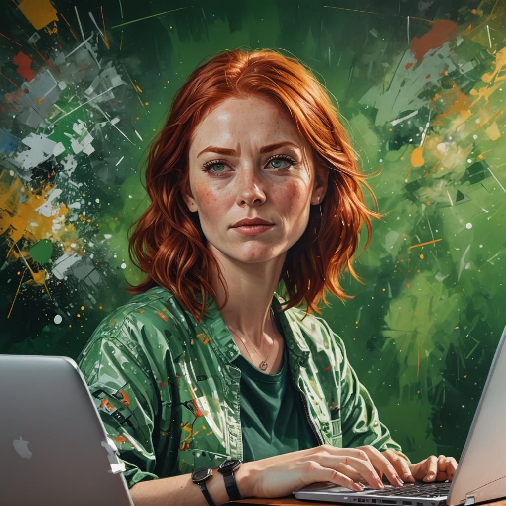 Proud Woman with Laptop in Hyperrealistic Style