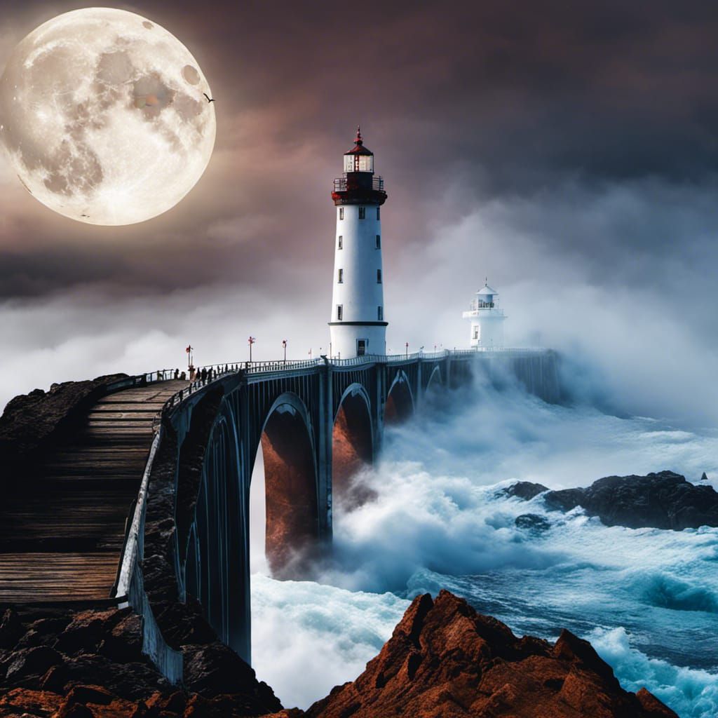 Terrifying Bridge to Lighthouse Under Full Moon