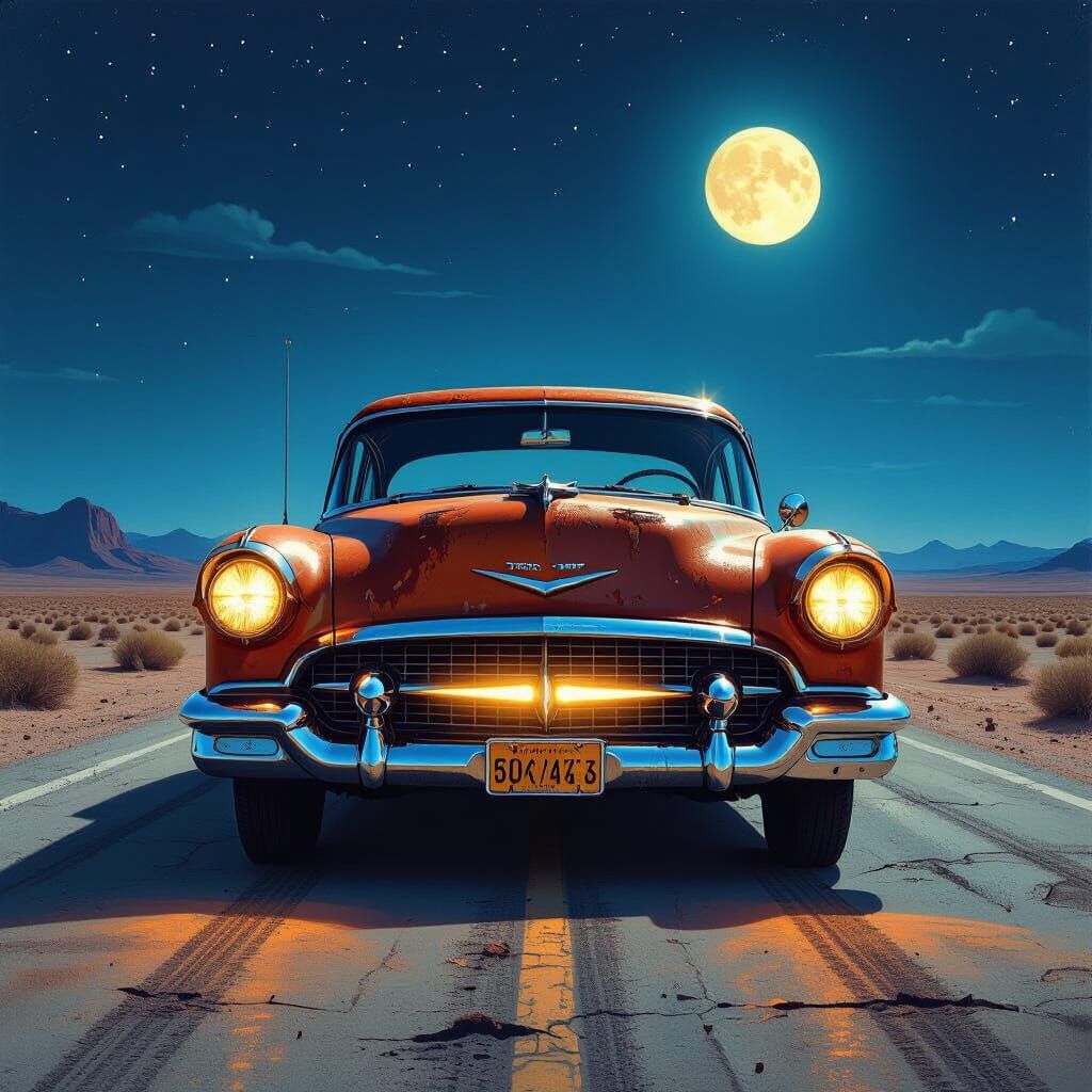 Rusty Vintage Car on Desert Highway