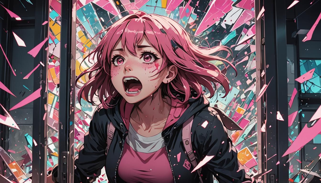 Anime Girl's Emotional Outburst in Shattered Room
