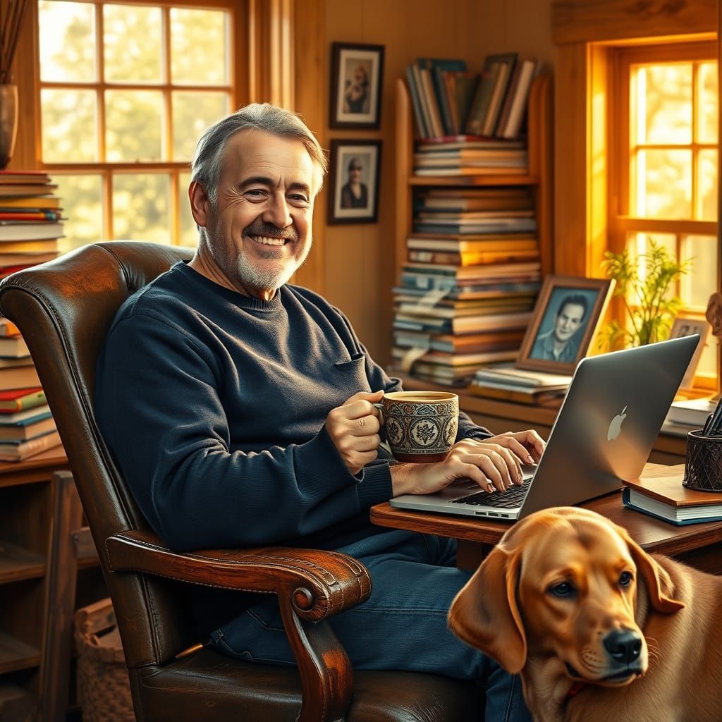 Cozy Home Office Scene in Warm, Golden-Hour Lighting