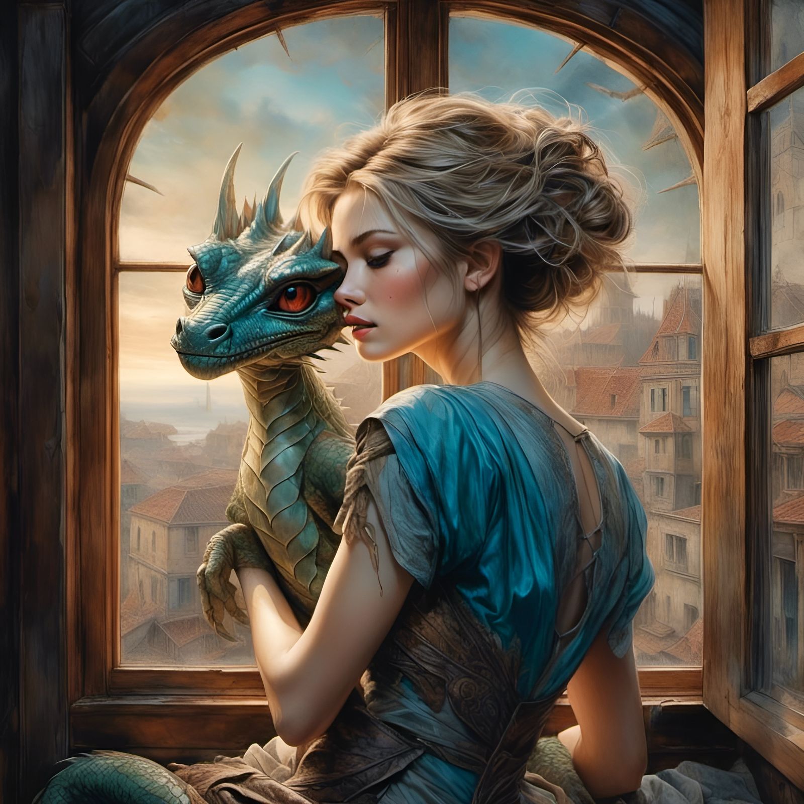 Woman and Dragon Hatchling in Dreamlike Fantasy