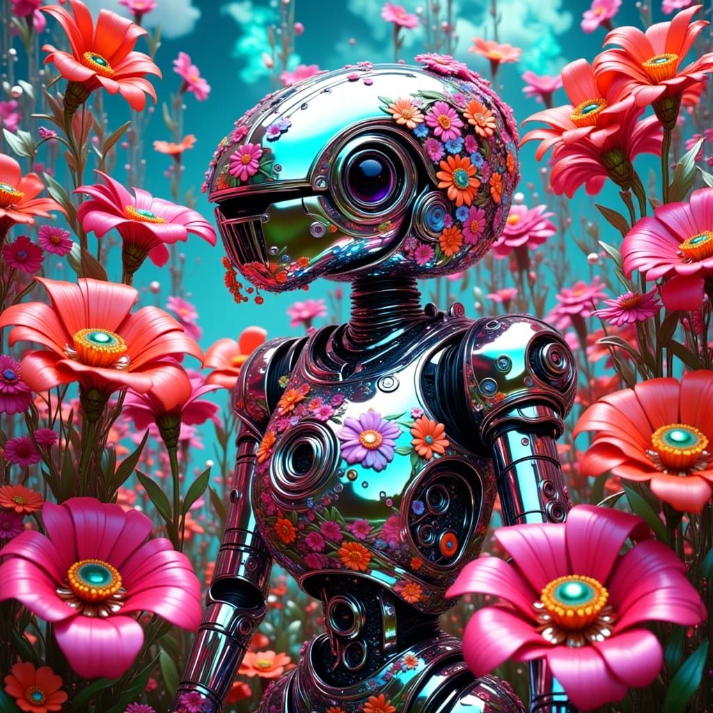 Chrome Robot with Lilly Flowers in Futuristic Style