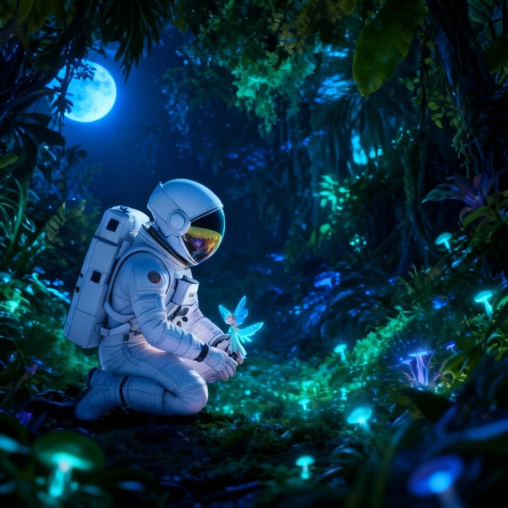 Astronaut Tends Alien Garden Under Earthlight
