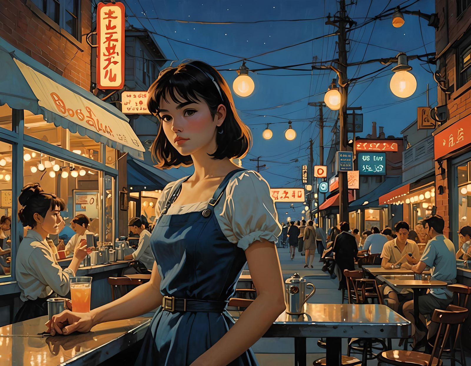 Girl with Mechanical Arms in Ghibli Style Cafe