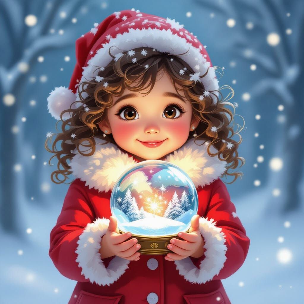 Girl with Magical Snow Globe in Whimsical Fantasy Style