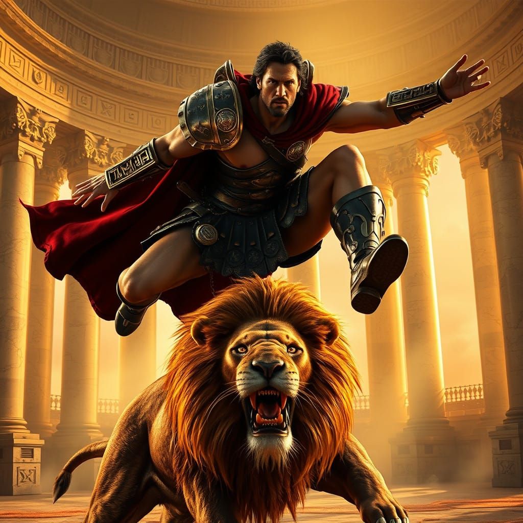 Gladiator with Keanu Reeves' Face Leaps Over Lion in Ancient...