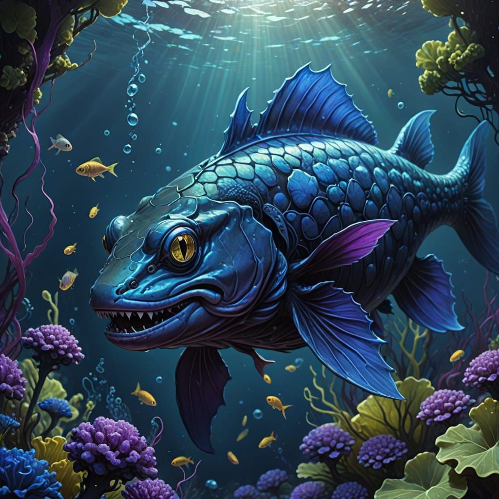 Surreal Cobalt Catfish Creature in Ethereal Void