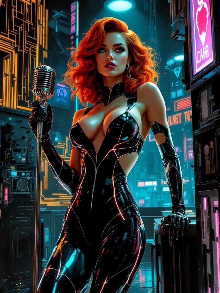 Confident Woman with Copper Hair in Retrofuturistic Speakeas...