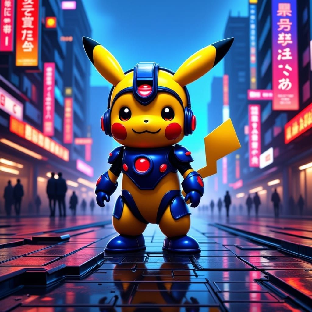 Cyberpunk Pikachu in Mega Man Armor: Neon-Lit Cityscape