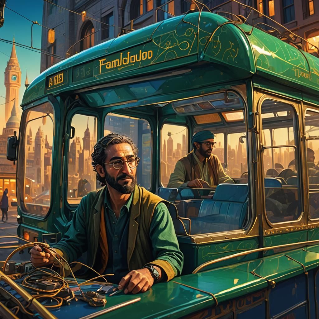 Fantasy Character on Bus with Arabian Nights Cityscape