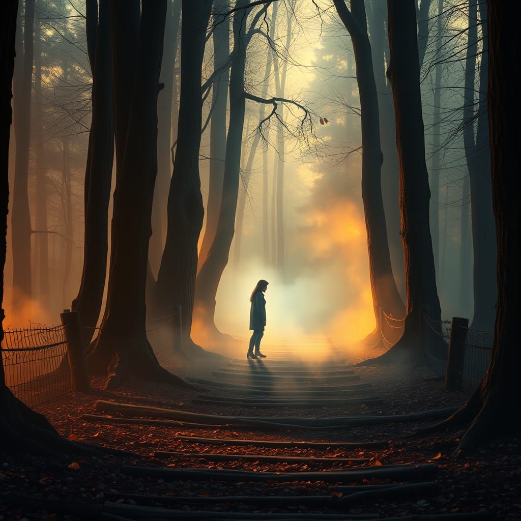 Ethereal Mist Wood Scene With Ascending Figure