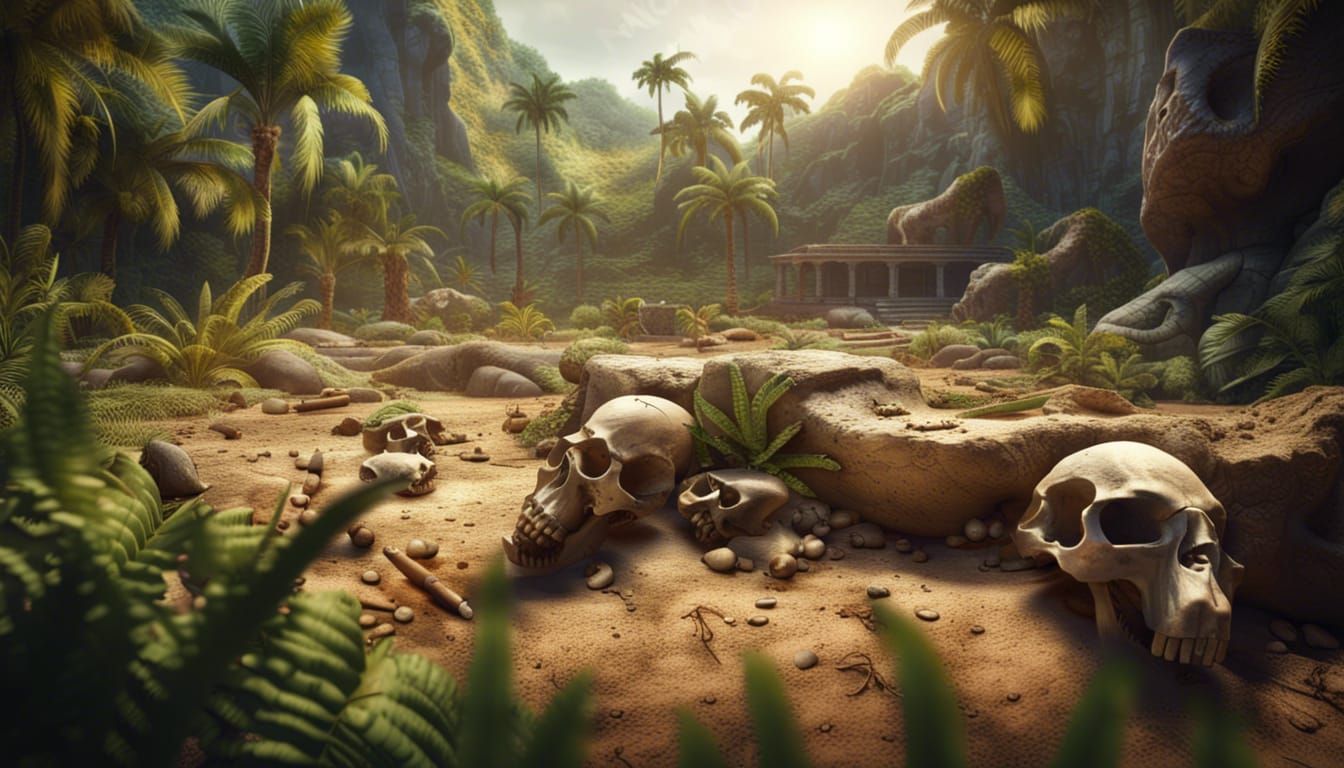 Dramatic Archeological Dig Site with Dino Skulls