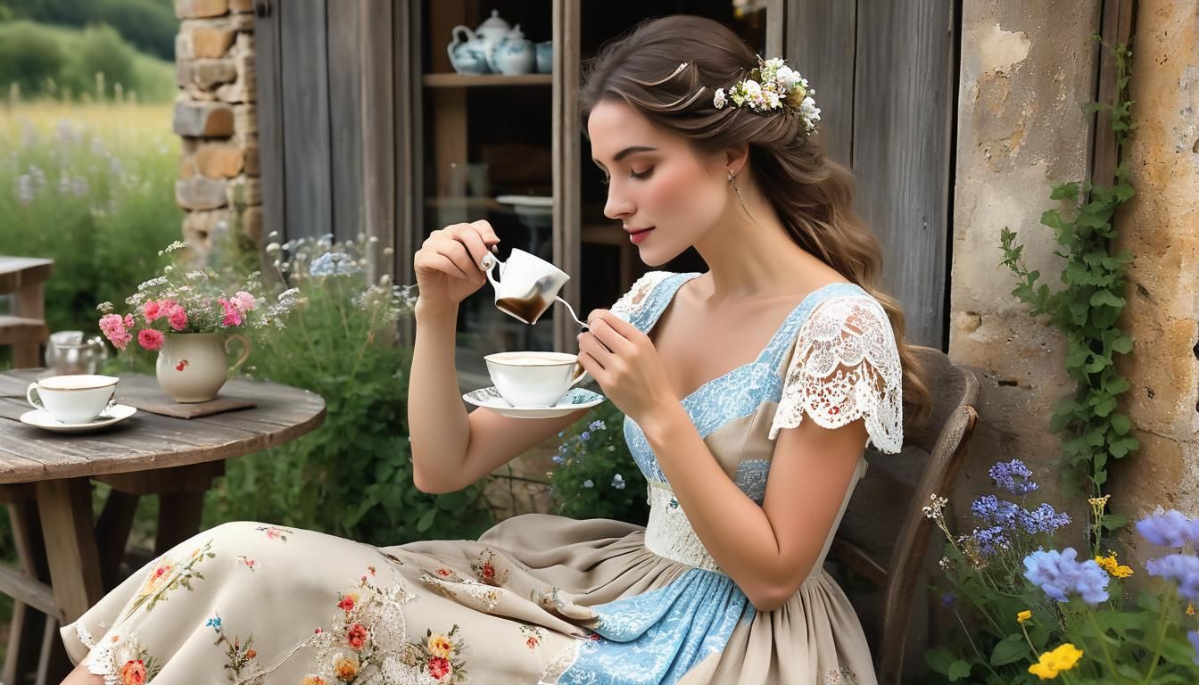 French Cafe Scene: Delicate Ink Illustration