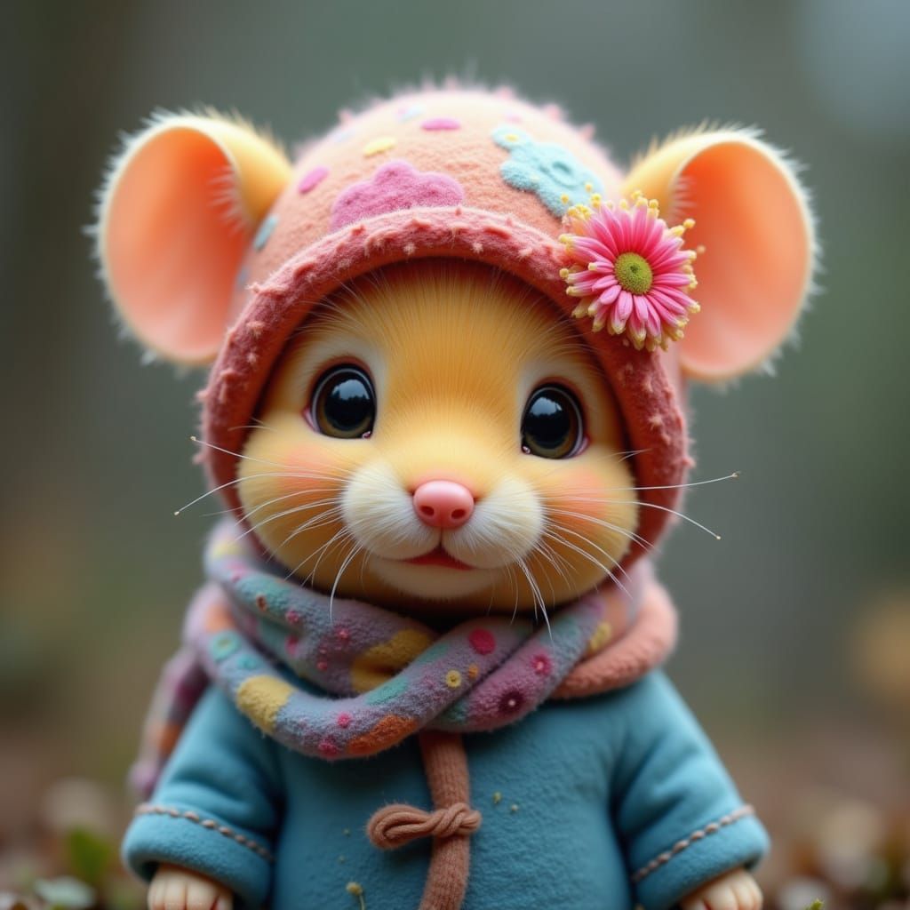 Portrait of a Little Mouse in a Head Scarf and Blue Jacket