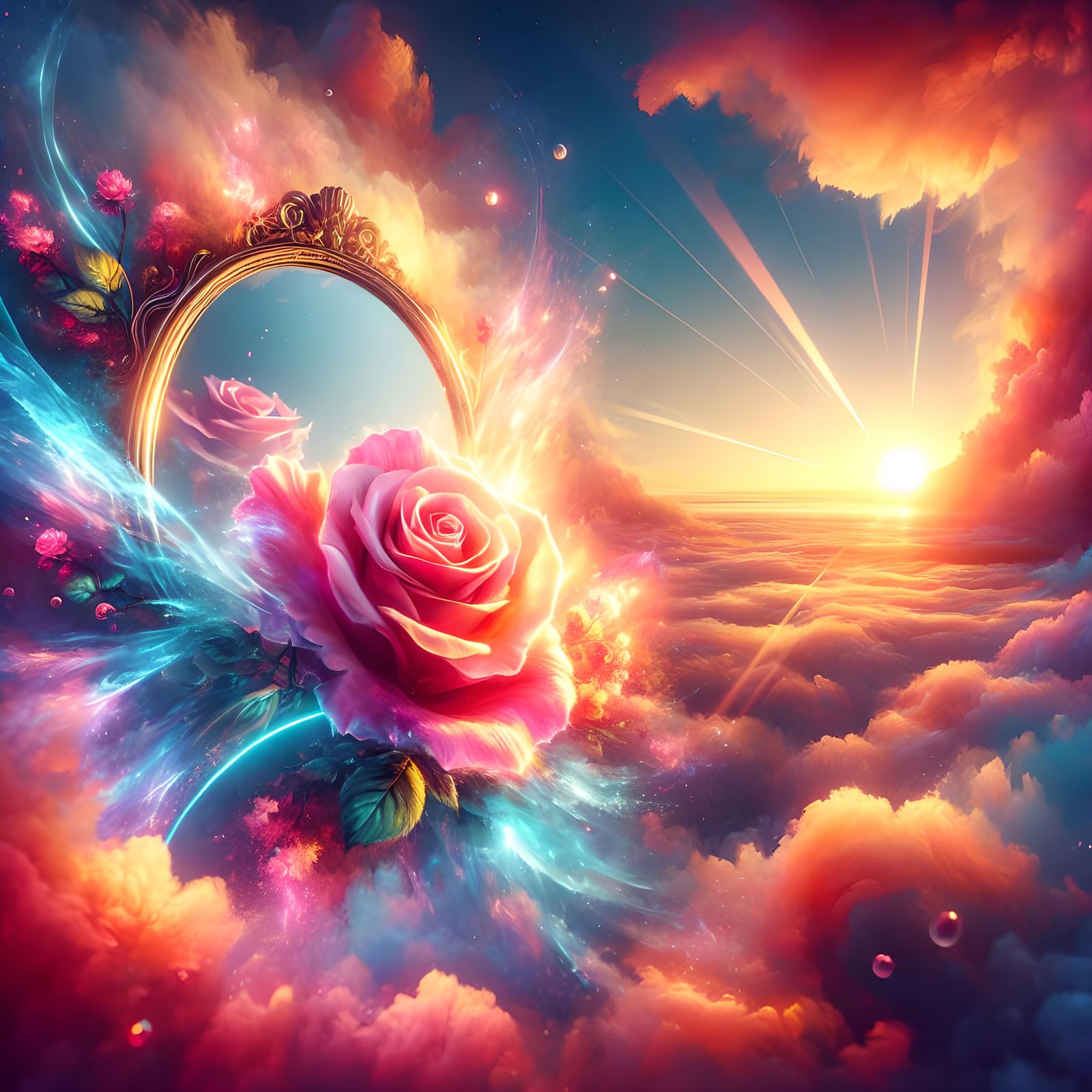 Ethereal Glowing Rose Reflected in a Mirror