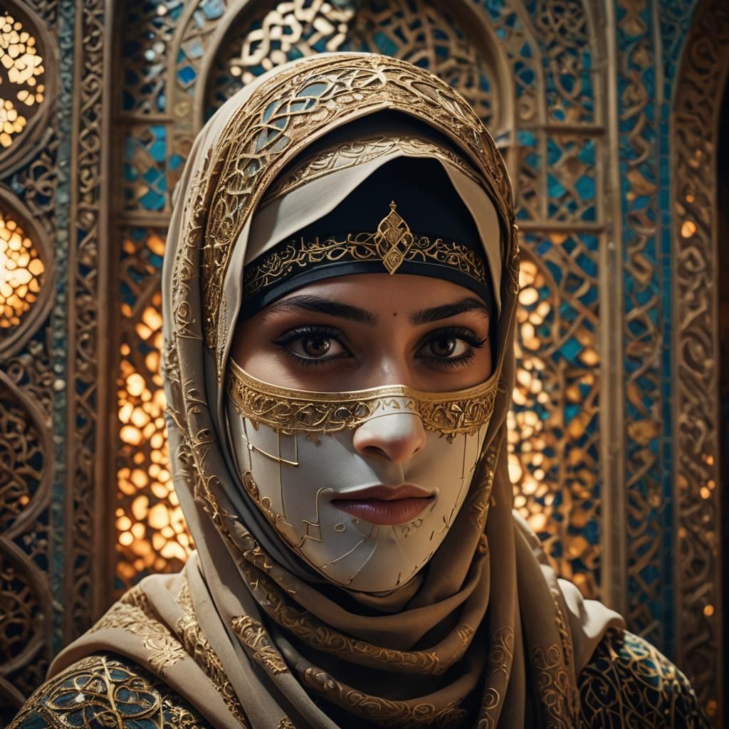 Woman in Niqab in Mosque: Film Noir Portrait