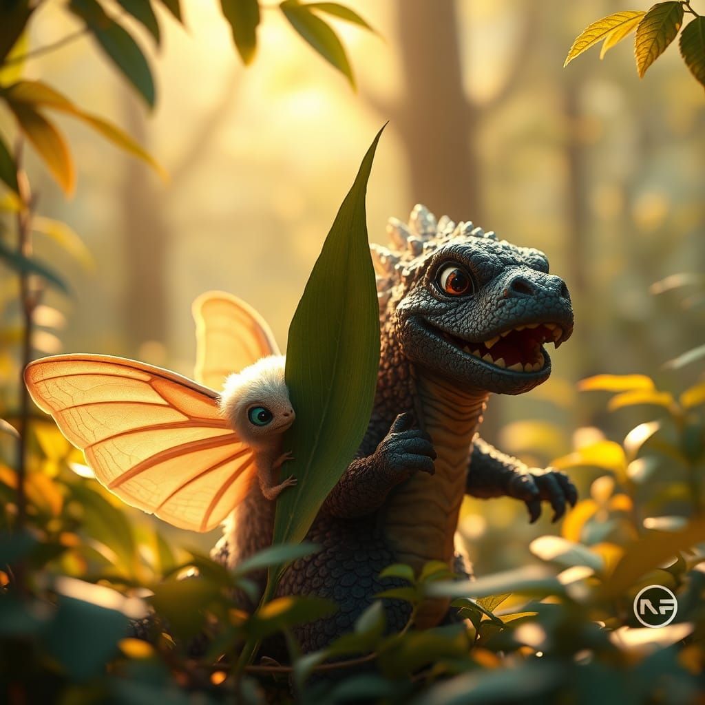 Baby Mothra and Godzilla Play in Lush Forest