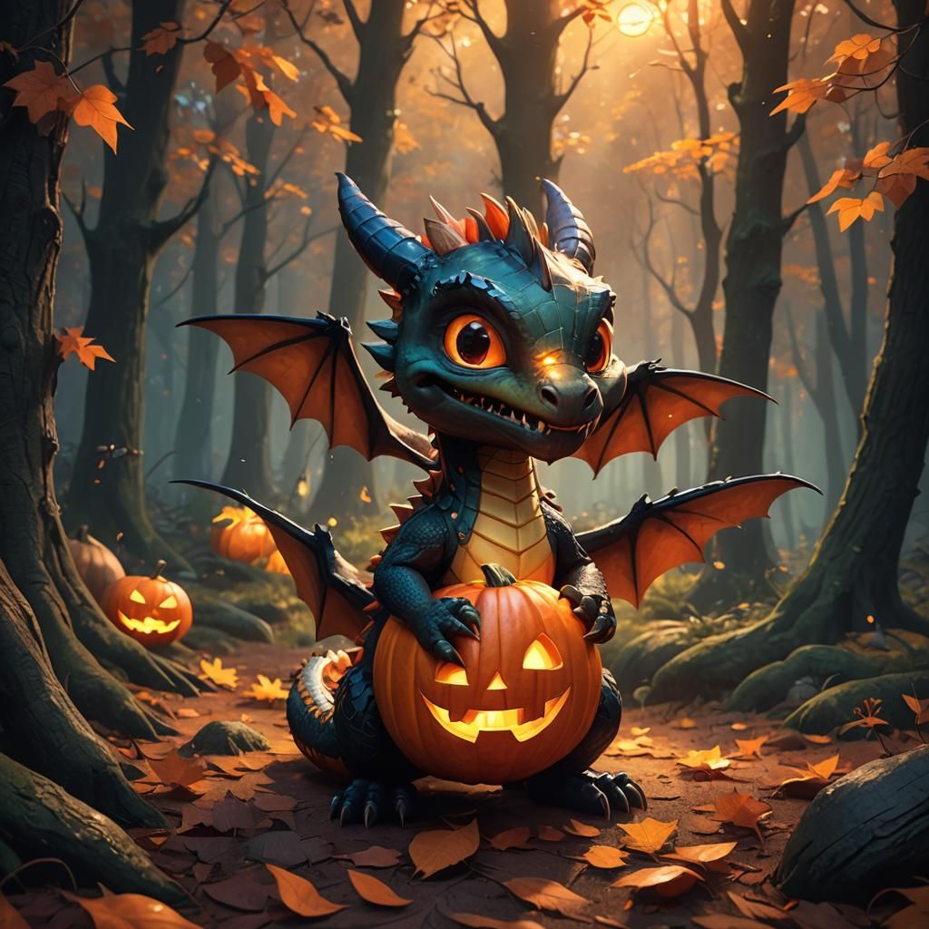 Pixar-Style Baby Dragon with Jack O' Lantern